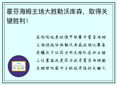 霍芬海姆主场大胜勒沃库森，取得关键胜利！